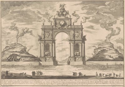 Die Prima Macchina für die Chinea von 1756: Ein Triumphbogen zwischen dem Ätna und dem Vesuv von after Paolo Posi Giuseppe Pozzi