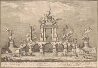 Die Prima Macchina für die Chinea von 1755: Eine Triumphbrücke mit Antiquitäten aus Herculaneum von after Paolo Posi Giuseppe Vasi