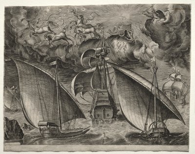 Segelschiffe: Zwei Galeeren segeln hinter einem bewaffneten Dreimaster mit Phaeton und Jupiter am Himmel von after Pieter Bruegel