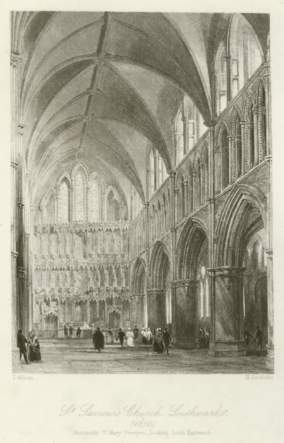 St. Saviours Kirche, Southwark, 1850, ehemals St. Mary Overyes, Blick nach Südosten von after Thomas Allom