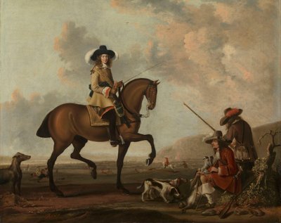 Ein Herr zu Pferd mit zwei Wildhütern und Hunden von anonymous 