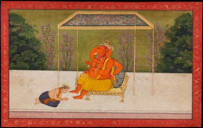 Indra verehrt den elefantenköpfigen Gott Ganesha, auf einem Thron sitzend. Folio aus der Tehri Garhwal Serie des Gita Govinda von anonymous 