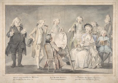 Satirische Zeichnung: Künstler malt das Porträt einer alten Dame von attributed to Pietro Antonio Novelli.