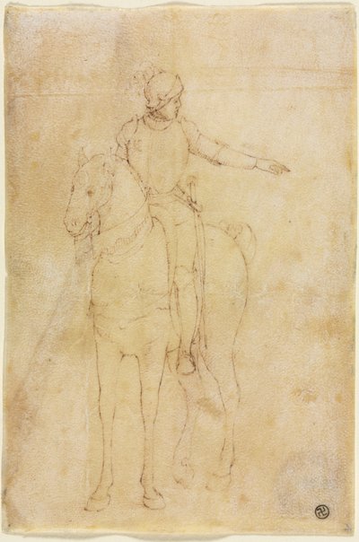Gepanzerte Figur zu Pferd von circle of Vittore Carpaccio