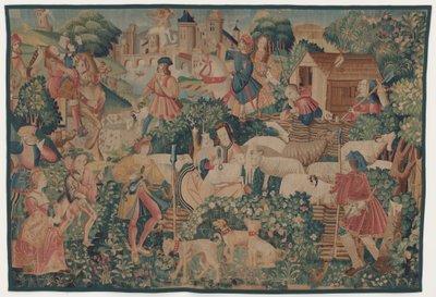 Jagdszenen und pastorale Szenen mit einer Schafhirtin beim Scheren von design probably French 16th Century, Paris; woven in southern Netherlands or Paris in an undetermine workshop