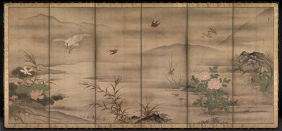 Vögel und Blumen in einer Landschaft der vier Jahreszeiten von follower of Sesshū Tōyō