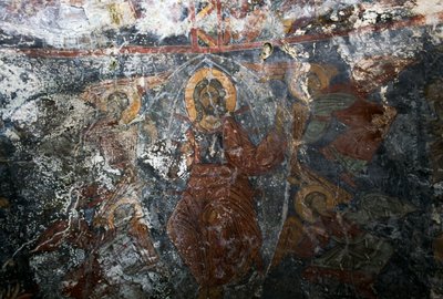 Christus mit Engeln und Heiliger, Fresko in der Kirche Panagia, Kitiros, Kreta, Griechenland (Foto) von Theodore Charles Ange Coquelin