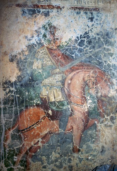 Mann zu Pferd mit Schwert, Fresko in der byzantinischen Kirche von Agios Athanasios, Kefali, Kreta, Griechenland (Foto) von Theodore Charles Ange Coquelin