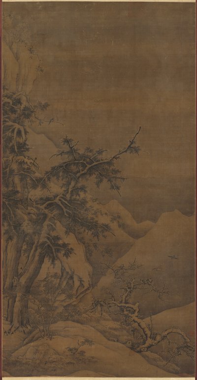 Vögel in einem Hain in einer bergigen Winterlandschaft von possibly by Gao Tao