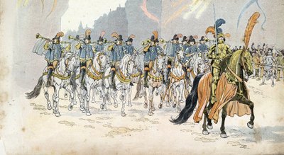 Einzug von König Karl VI. (1368-1422) in Paris begleitet von dreißig Trompeten. in 