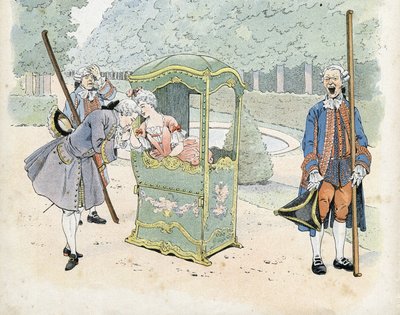Französische Galanterie im 18. Jahrhundert: ein junger Mann küsst die Hand einer Frau in einem Rollstuhl. in „Frankreich, seine Geschichte erzählt von G. Montorgueil, illustriert von Job“ 1896. Private Sammlung von pseudonym for Onfray de Breville Jacques Job