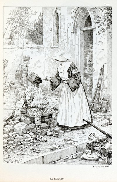 Illustration aus dem Buch „La Grande Guerre par les artistes“: „La cigarette septembre 1914“ - Ein Geistlicher gibt einem verwundeten Soldaten eine Zigarette. Von Jacques Marie Gaston Onfray de Breville dit JOB (1858-1931), Private Sammlung von pseudonym for Onfray de Breville Jacques Job