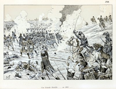 Illustration aus dem Buch „La Grande Guerre par les artistes“: Eine große Schlacht im Jahr 1815 von Jacques Marie Gaston Onfray de Breville dit JOB, Sammlung Teilweise von pseudonym for Onfray de Breville Jacques Job