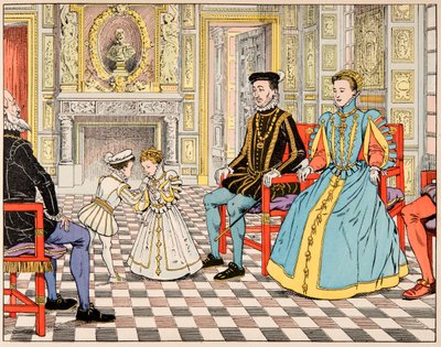Illustration aus dem Buch „Le bon roy Henri“, illustriert von Jacques Marie Gaston Onfray de Breville dit JOB (1858-1931): Antoine de Bourbon brachte ihn nach Paris und stellte ihn seinem Cousin Henri II vor, der ihm die Hand seiner Tochter Marguerite anbo von pseudonym for Onfray de Breville Jacques Job