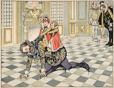 Illustration aus dem Buch „Le bon roy Henri“, illustriert von Jacques Marie Gaston Onfray de Breville dit JOB (1858-1931): Vor dem spanischen Botschafter spielt Henri IV mit seinen Kindern - Private Sammlung von pseudonym for Onfray de Breville Jacques Job
