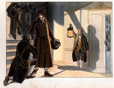 Joachim Murat (1767-1815) floh in der Nacht vom 19. auf den 20. Mai 1815 aus seinem Palast in Neapel, um nach Frankreich zurückzukehren, nachdem er gegen die Österreicher verloren hatte. Gravur von Jacques Marie Gaston Onfray de Breville, genannt Job (1858 von pseudonym for Onfray de Breville Jacques Job