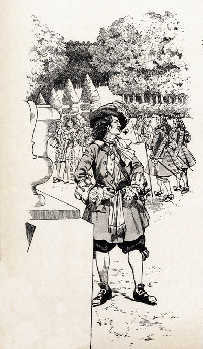 König Ludwig XIV. von Frankreich genannt Sonnenkönig (1638-1715) mit seinen Höflingen in den Gärten von Versailles. Illustration von Job (Jacques Marie Gaston Onfray und Breville) für das Buch 