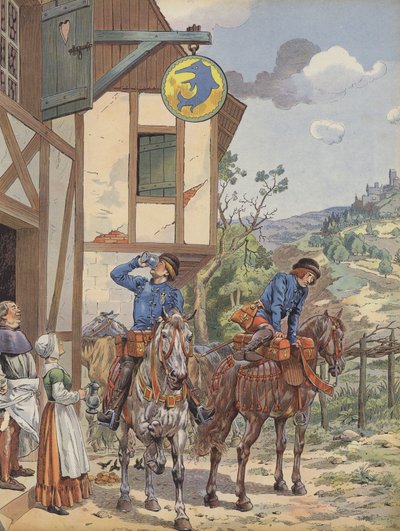 Boten erfrischen sich in einem Gasthaus am Straßenrand von pseudonym for Onfray de Breville Jacques Job