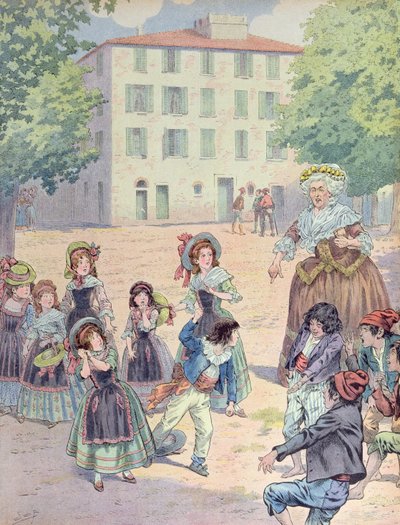 Napoleon Bonaparte (1769-1821) als Kind in einem Streit mit seinen Kameraden vor seinem Haus in Ajaccio, Korsika, um 1910 (Farblithografie) von pseudonym for Onfray de Breville Jacques Job