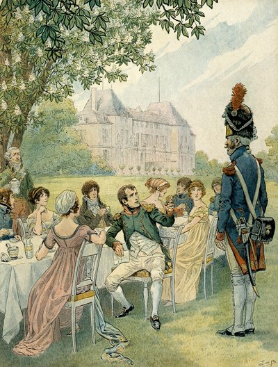 Napoleon I. Bonaparte bei einem Mittagessen in den Gärten des Schlosses von Malmaison. Illustration von Jacques Marie Gaston Onfray de Breville, genannt JOB von pseudonym for Onfray de Breville Jacques Job