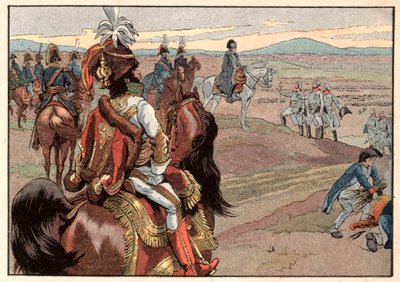 Napoleon I. Bonaparte (1769-1821) mit Joachim Murat (1767-1815) während der Kapitulation von Ulm im Jahr 1805. Gravur von Jacques Marie Gaston Onfray de Breville dit Job (1858-1931) von pseudonym for Onfray de Breville Jacques Job