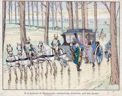 Napoleon trifft Erzherzogin Marie-Louise von Österreich - 1810 - Lithografie von Job (Jacques Onfroy de Bréville) aus „Le Grand Napoléon des Petites Enfants“ 1893. von pseudonym for Onfray de Breville Jacques Job