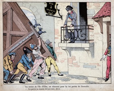 Napoleon sammelt seine Soldaten in Grenoble bei seiner Rückkehr von der Insel Elba - Die Stadt Grenoble öffnet Napoleon bei seiner Rückkehr aus dem Exil auf Elba am 7. März 1815 ihre Tore - Lithografie von Job (Jacques Onfroy de Bréville) aus „Le Grand Nap von pseudonym for Onfray de Breville Jacques Job