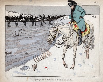 Napoleon beobachtet die Überreste seiner Großen Armee, die den Fluss Beresina auf dem Rückzug aus Moskau überqueren. von pseudonym for Onfray de Breville Jacques Job