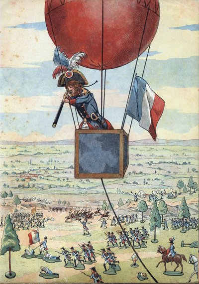Szene aus der Geschichte Frankreichs in Spielzeugen: Die Schlacht von Fleurus am 26. Juni 1794 und der erste Einsatz eines Beobachtungsballons durch Hauptmann Jean Marie Joseph Coutelle (1748-1835) mit einem Fernrohr - In „Jouons à l