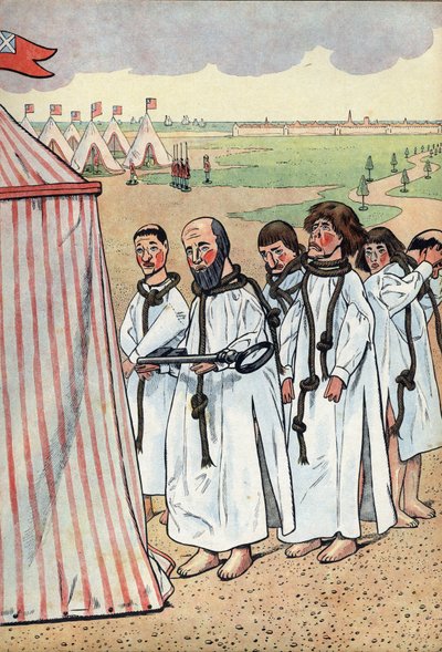 Szene aus der Geschichte Frankreichs in Spielzeugen: Die Bürger von Calais. Die Belagerung von Calais im Jahr 1347 und die Hingabe von Eustache de Saint-Pierre, dem bekanntesten der sechs Bürger von Calais, der zum König von England, Edward III., ging, um  von pseudonym for Onfray de Breville Jacques Job
