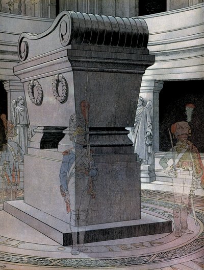 Das Grab von Kaiser Napoleon I. Bonaparte (1769-1821) in den Invaliden mit Geisterwachen. In „Napoleon“ von Georges Montorgueil. Illustration von Jacques Marie Gaston Onfray de Breville, genannt JOB (1858-1931) von pseudonym for Onfray de Breville Jacques Job
