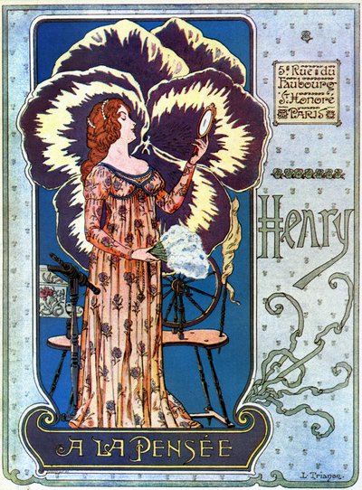 Jugendstil: Werbeplakat für das Kosmetikgeschäft „Henry à la Pensée“ in Paris. Eine junge Frau bewundert sich in einem Spiegel, hinter ihr eine Gedankenblume. Illustration von L. Trianon von pseudonym of Trinquier Louis Trinquier Trianon