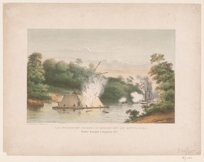 S.M. Dampfschiff Celebes im Kampf mit einer Kotta-Mara. Poeloe Kanamit, 6. August 1859 von weduwe Elias Spanier and Zn