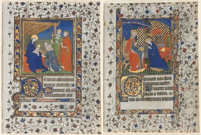 Bifolio aus einem Stundenbuch: Anbetung der Könige und Krönung der Jungfrau von workshop of Boucicaut Master
