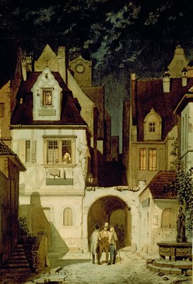 Eine Ecke einer deutschen Stadt durch Mondschein von Carl Spitzweg