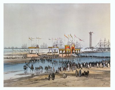 Das Te Deum in Port Said, zur Einweihung des Suezkanals durch die Kaiserin Eugenie im Jahr 1869, gestochen von Jules Didier (1831-c.80) (siehe Original-WC 82990) von Edouard Riou