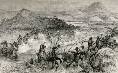 Sir Henry Morton Stanleys erste Begegnung mit dem Mazamboni-Volk, 1890 (Holzstich) von Edouard Riou