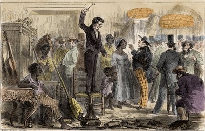 Sklavenmarkt in Rio de Janeiro, Brasilien - Ein Sklavenverkauf in Rio de Janeiro, Zeichnung von Riou von Edouard Riou