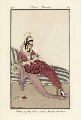 Frau in Gaberdine-Kleid mit handgestickten Rüschen. von Gerda Marie Frederike Wegener