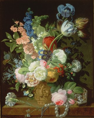 Ein Stillleben von Rosen, Tulpen, Nelken, Aktien und andere Blumen in einer dekorativen Urne, ruht auf einem Stein Ledge von Jean Louis Prevost