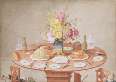 PD.869-1973 Stilleben mit einer Blumenvase auf einem gedeckten Tisch, um 1810 (wc und Gouache) von Jean Louis Prevost