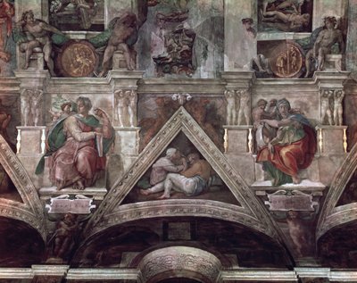 Die Decke Der Sixtinischen Kapelle 1508 12 Der Prophet Jesaja Und Die Delphische Sibylle Vor Der Restaurierung Von Michelangelo Buonarroti