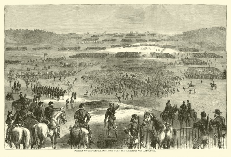Position der konföderierten Armee, als die Kapitulation verkündet wurde, April 1865 (Gravur) von (after) American School