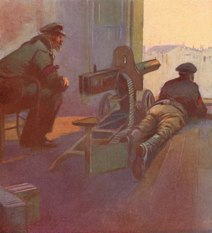 Rote Garden mit einem Maschinengewehr, das aus dem Fenster eines Gebäudes zeigt, Russische Revolution von (after) Carrey