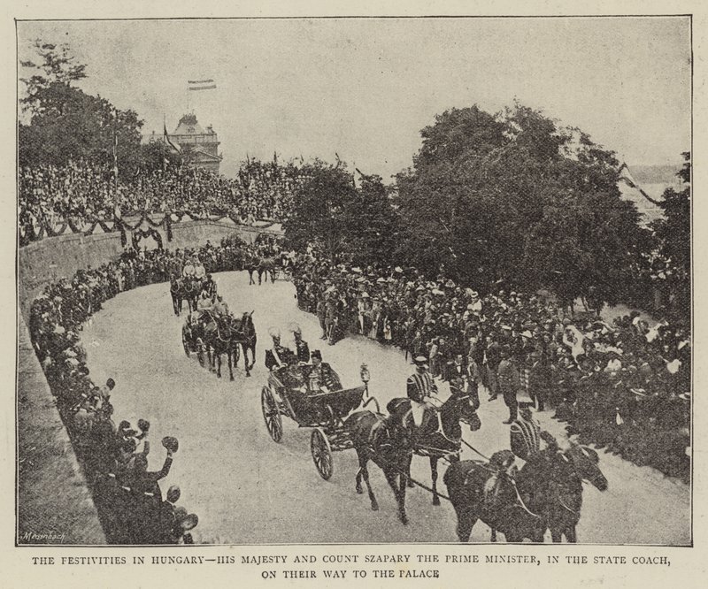 Die Festlichkeiten in Ungarn, Seine Majestät und Graf Szapary, der Premierminister, in der Staatskutsche auf dem Weg zum Palast (s/w Foto) von (after) English photographer