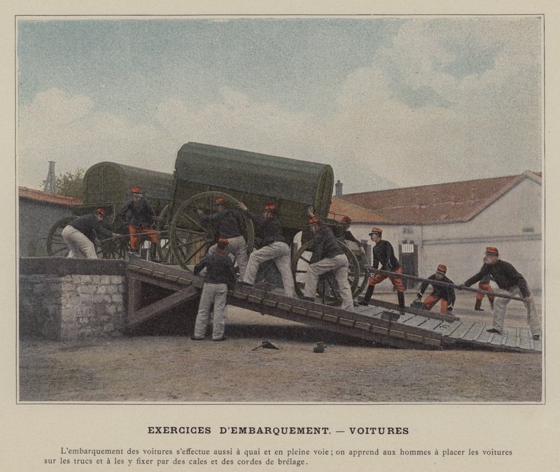 Einschiffungsübungen, Fahrzeuge (koloriertes Foto) von (after) French Photographer
