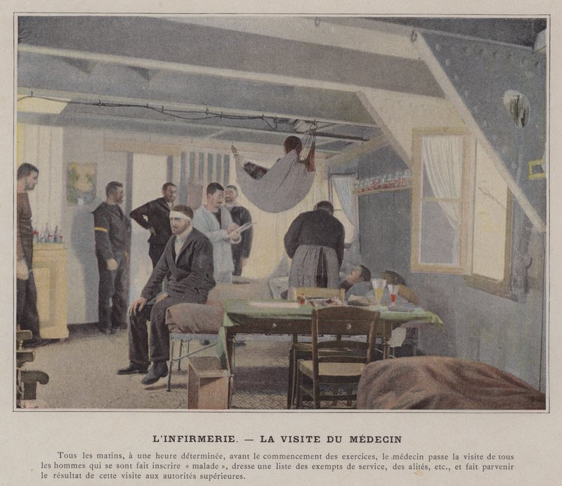 Die Krankenstation, der Besuch des Arztes (farbiges Foto) von (after) French Photographer