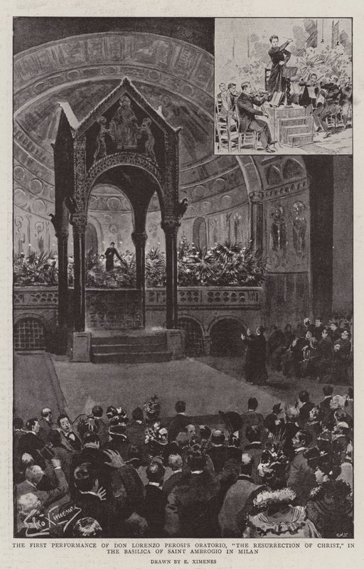 Die erste Aufführung von Don Lorenzo Perosis Oratorium "Die Auferstehung Christi" in der Basilika von San Ambrogio in Mailand von (after) Italian School