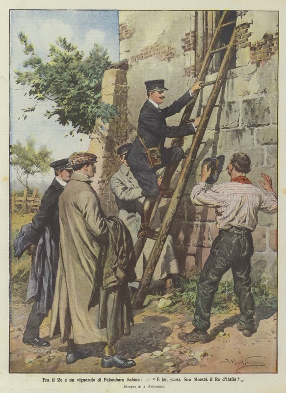 Zwischen dem König und einem Winzer aus Palombara Sabina, Sind Sie, entschuldigen Sie, Ihre Majestät der König von Italien? von Achille Beltrame