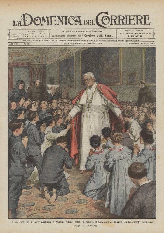 Papst Pius X. empfängt Hunderte von Kindern, die durch das Erdbeben von Messina zu Waisen wurden von Achille Beltrame